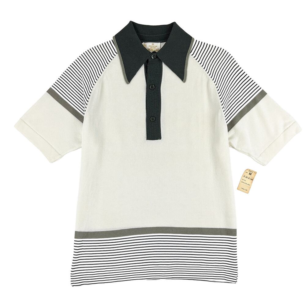 VTG 70s Sears Sweater Shirt Men's M Ivory Green Striped Kings Road Polo NWT